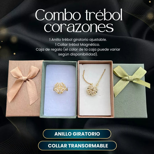 ✨ Set de Joyas Trébol de Corazones + Anillo Antiestrés para Mujer ✨